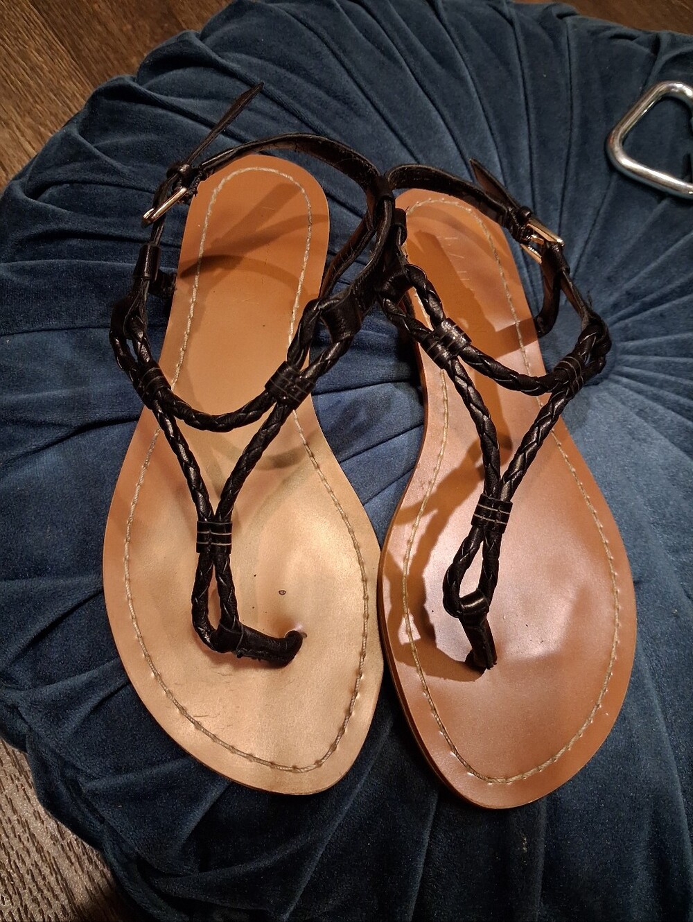 Lauren Ralph Lauren Black Braided Thong Sandals with Tan Footbed